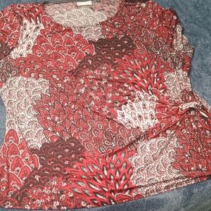 Dana Buchman Red and White Patterned Short Sleeve Blouse